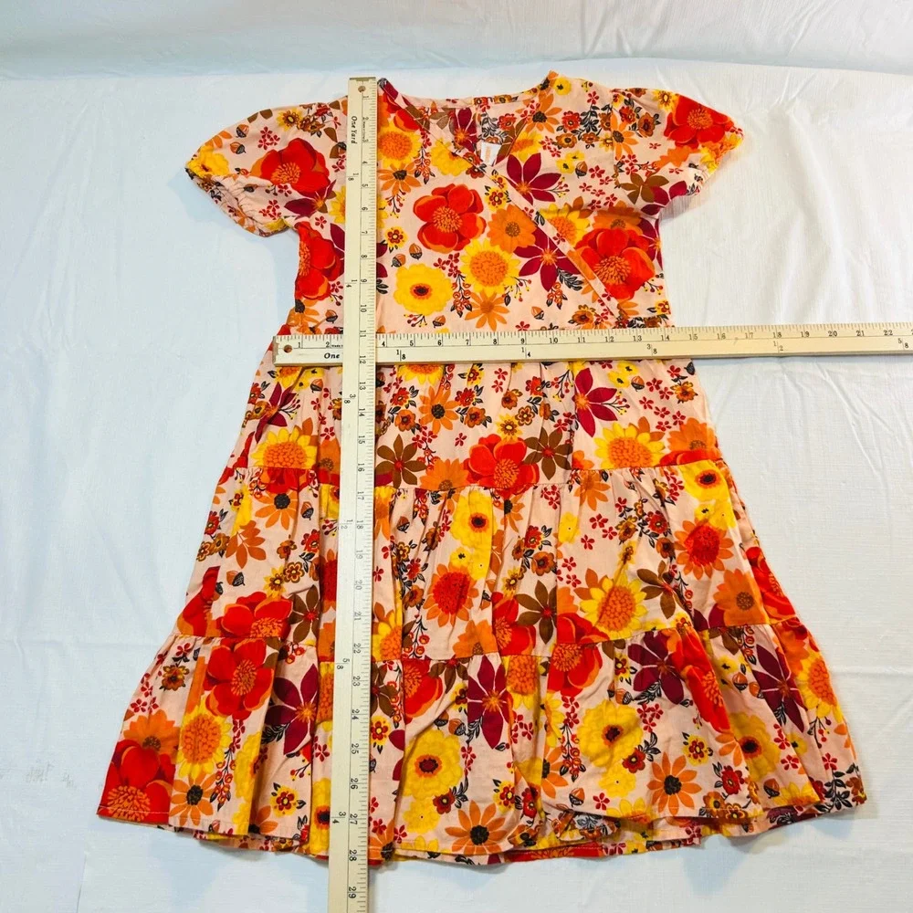 Gymboree Girls Size 10 Orange Floral Tiered Cotton‎ Faux Wrap Short Sleeve Dress